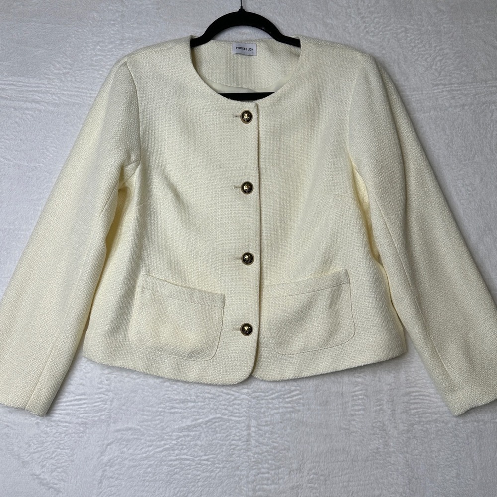 Phoebe Jon Women Cream Tweed Blazer Gold Crest Button Cropped Jacket Size M